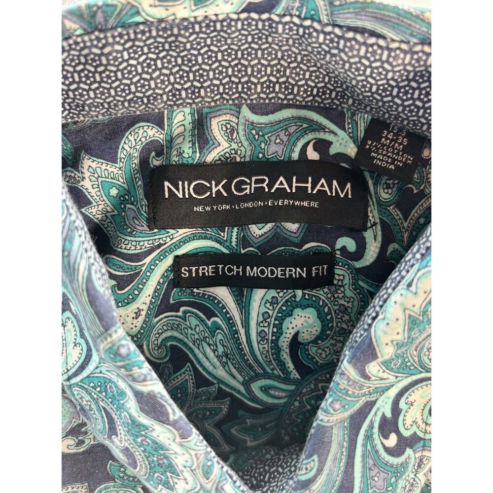 Nick Graham Teal Navy Blue SequinsMens M 15.5 34-35 Long Sleeve Button Up Shirt - Picture 2 of 7